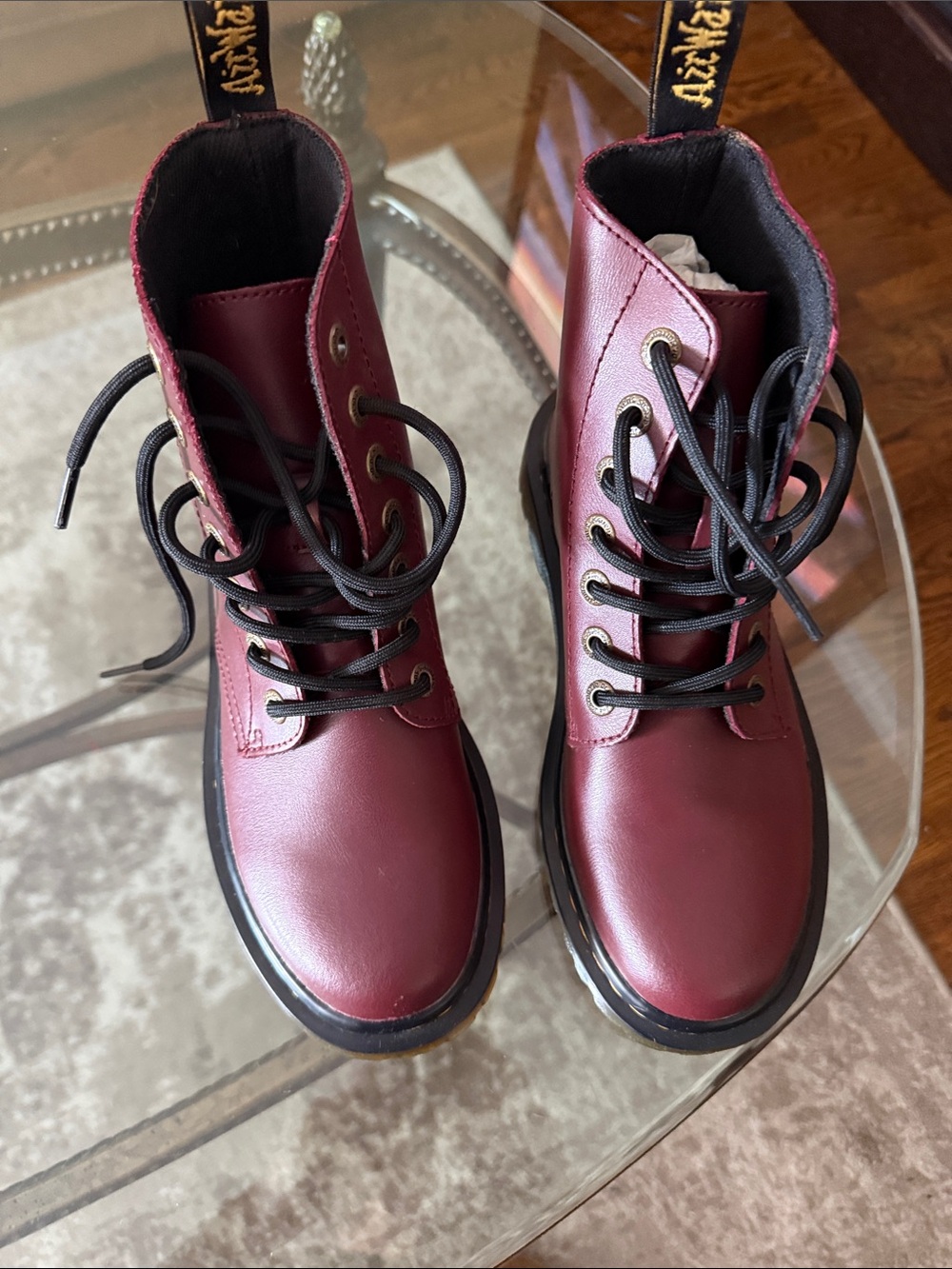 Dr. Martens Burgundy Lace-Up Combat Boots with Black Details - Picture 2 of 3